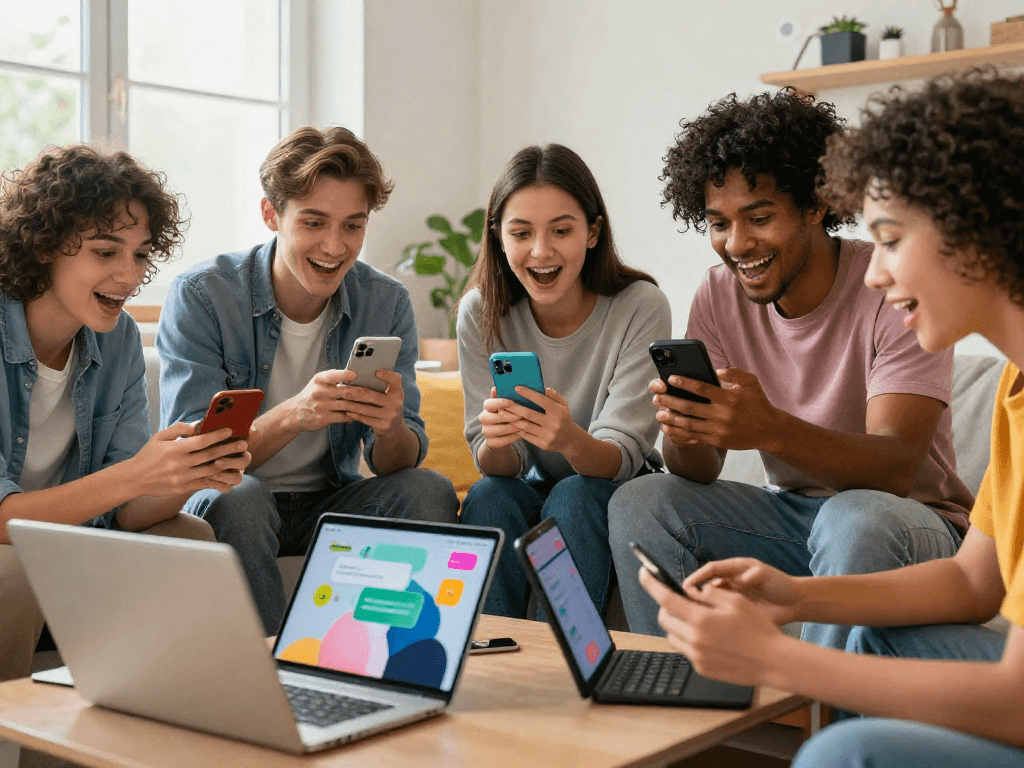 Friends enjoying a juicy chat on smartphones in a vibrant living room.