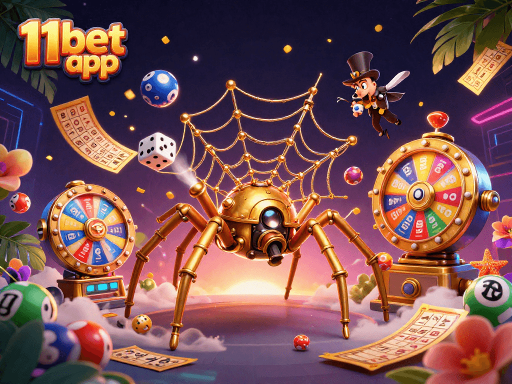 Engage with the 11bet app through a vibrant steampunk casino scene featuring dynamic gaming elements.