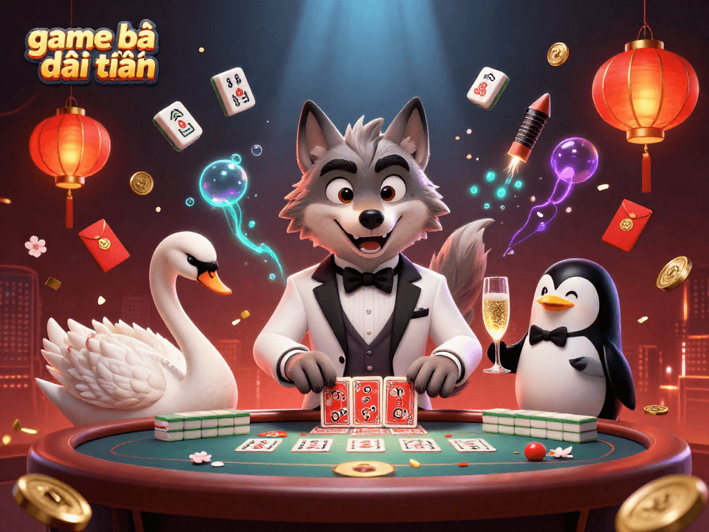 Engage in game bài đổi thưởng with a lively 3D casino scene featuring animated characters and game elements.