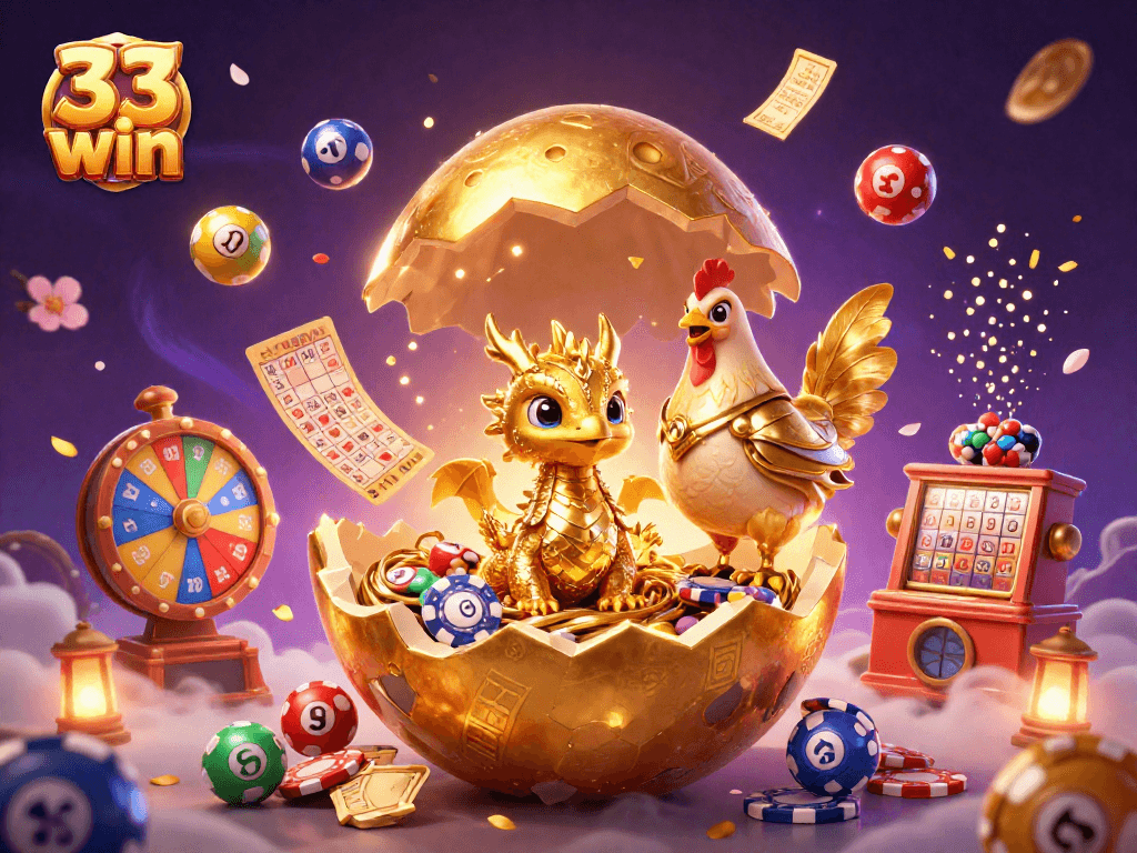 Engage in exciting play with 33 win, featuring a vibrant scene of casino elements and characters.