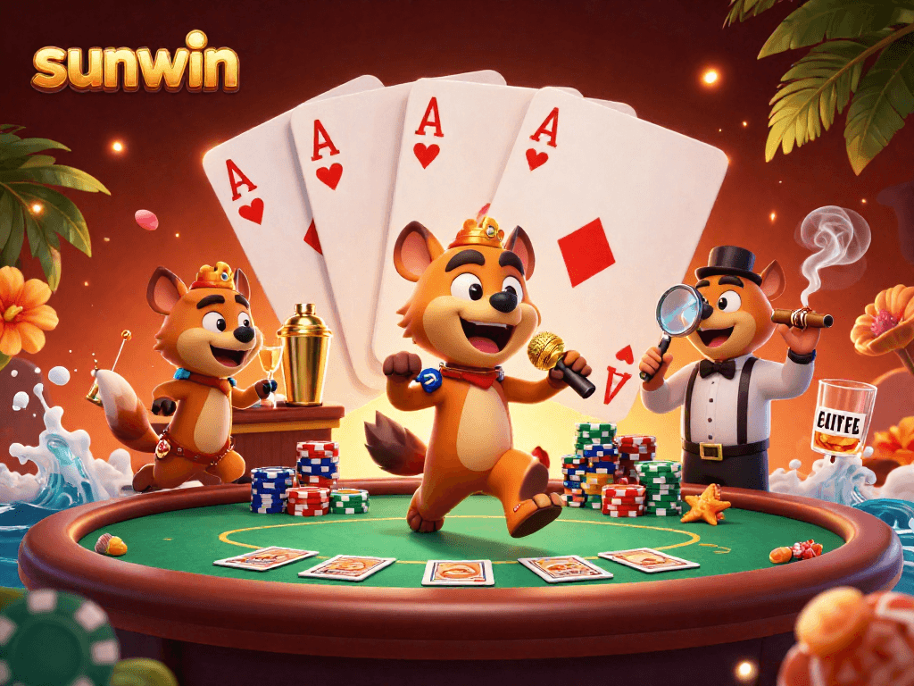 Join the sunwin hyenas in a lively casino scene filled with poker excitement and vibrant energy.