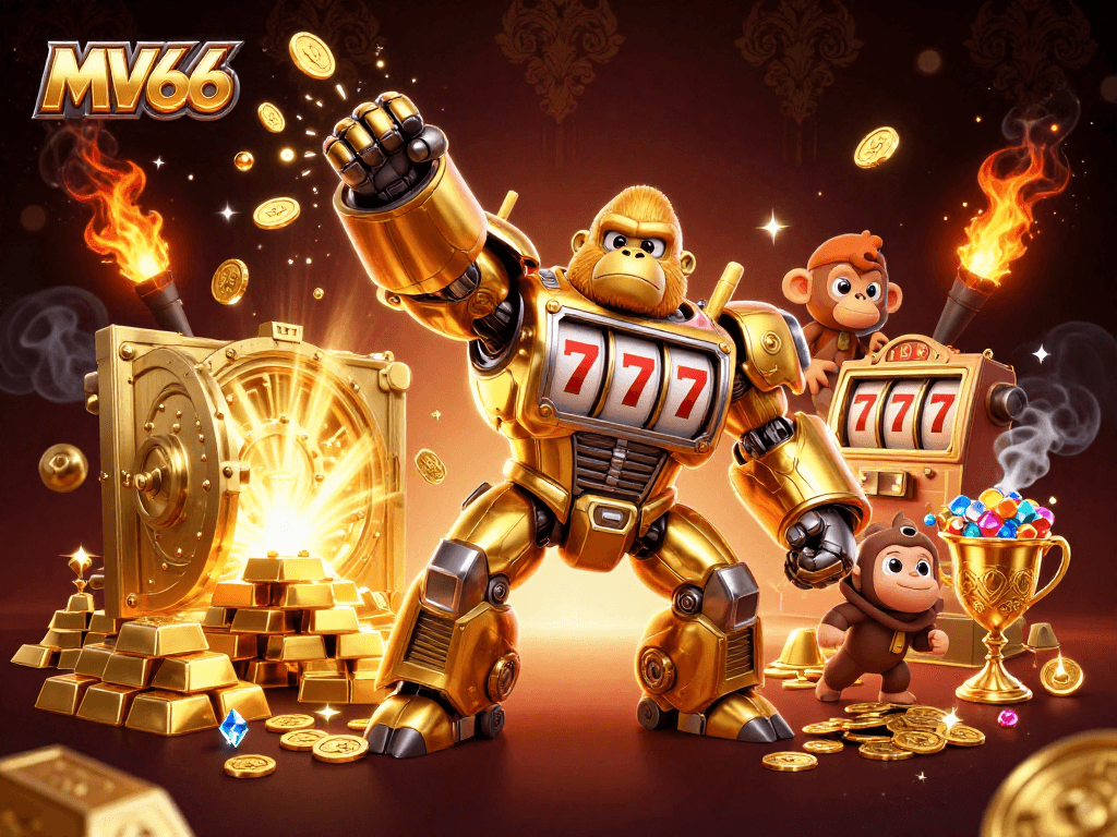 Engage with MV66's thrilling action through a golden gorilla mech championing jackpots amidst treasures.