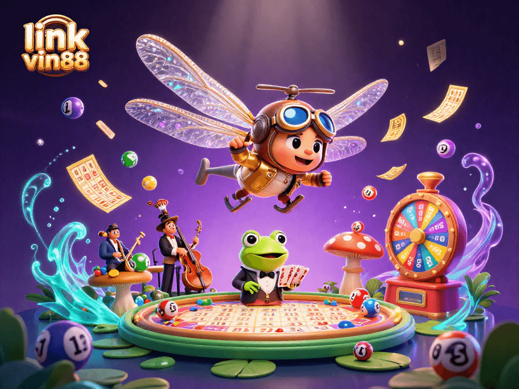 Engage with fun games at link vin88 while vibrant lottery balls pop around a lively casino scene.