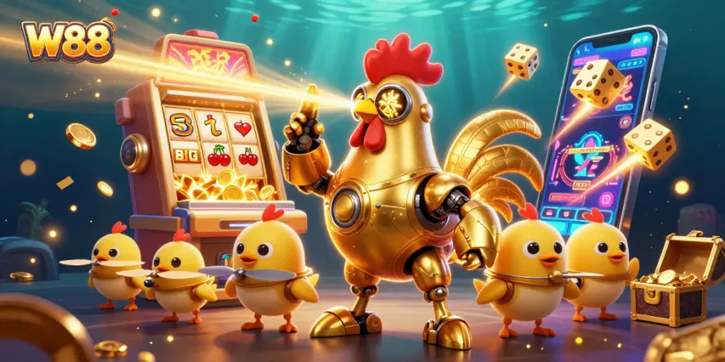 Experience thrilling wins at W88 with the golden rooster robot and baby chick drones!