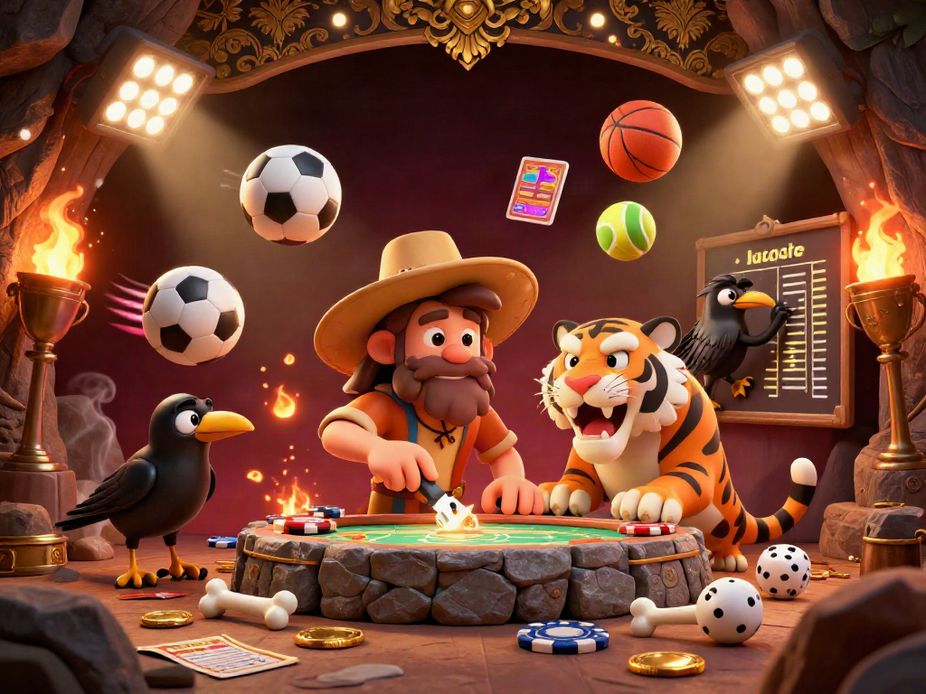 Xoilactv showcases a vibrant prehistoric casino scene featuring a caveman and sabertooth tiger amid dynamic sports elements.
