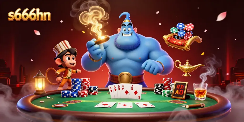 Engage and win with s666hn in a vibrant casino adventure featuring a genie, poker chips, and magical elements.