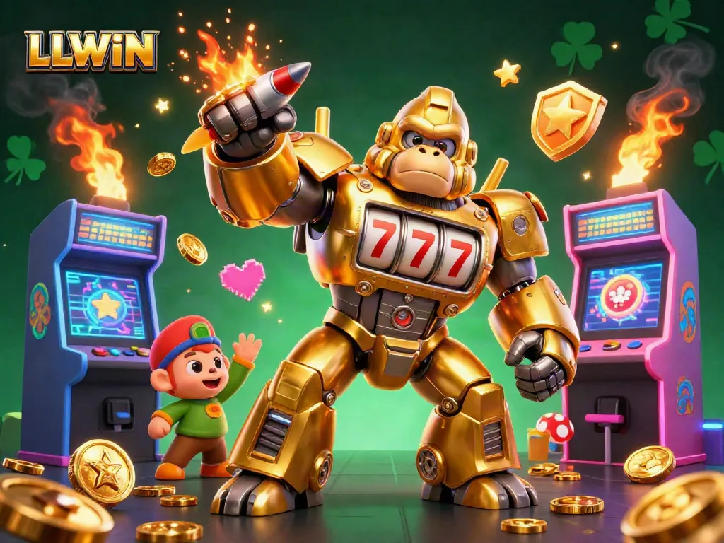 LLWIN showcases excitement with a dynamic gaming scene featuring a golden gorilla mech and 3D arcade elements.