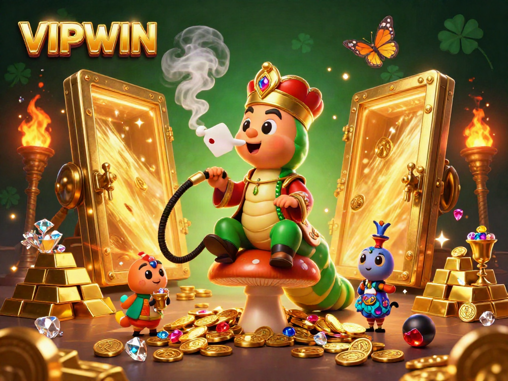 Experience VIPWIN's thrilling casino adventure with an enormous caterpillar on a throne, surrounded by treasures.