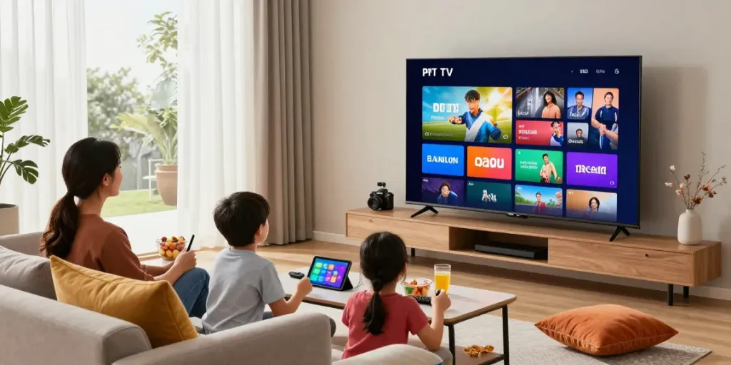 Family enjoying IPTV service together in a cozy living room with vibrant shows on TV.