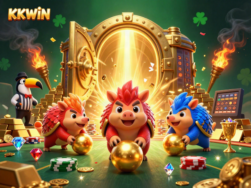 Engage in the thrilling KKWIN experience with rival pangolins bowling through poker chips.