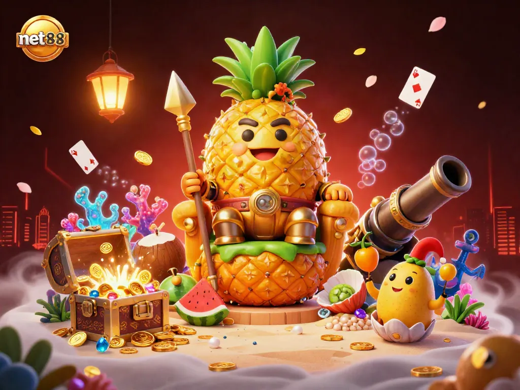Engage with net88's thrilling beach casino scene featuring a golden pineapple king and colorful characters.