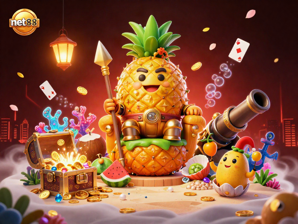 Engage with net88's thrilling beach casino scene featuring a golden pineapple king and colorful characters.