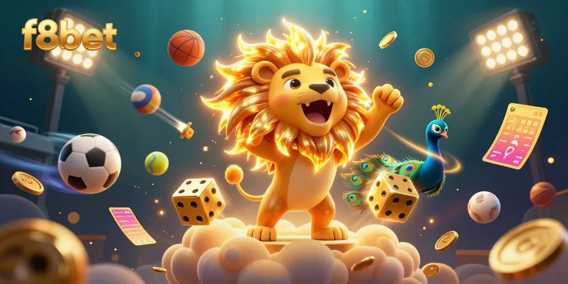 Witness f8bet's vibrant 3D casino world featuring a roaring sun lion and golden sports dice.