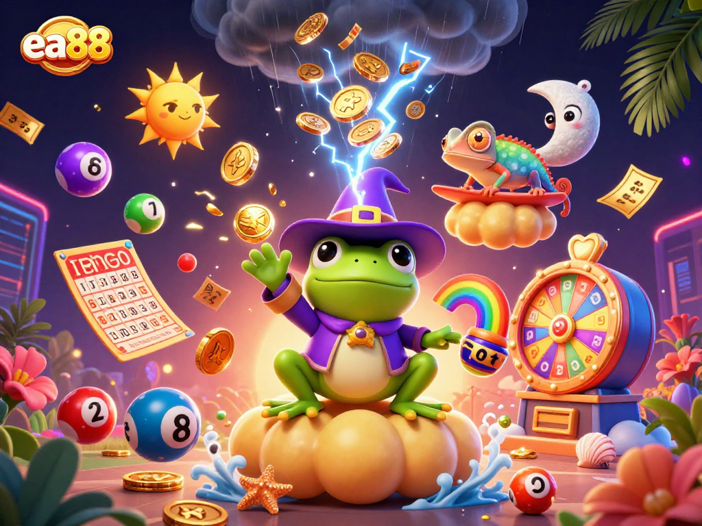 ea88 showcases a vibrant gaming scene with a wizard frog and a chameleon among lottery elements.