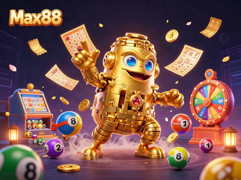 Engage with Max88’s vibrant 3D casino scene featuring a golden golem surrounded by colorful gambling elements.