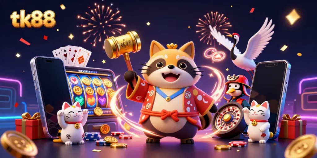 Experience exciting gameplay with tk88 featuring cheerful tanuki, samurai crane, and colorful maneki-neko in a vibrant casino scene.