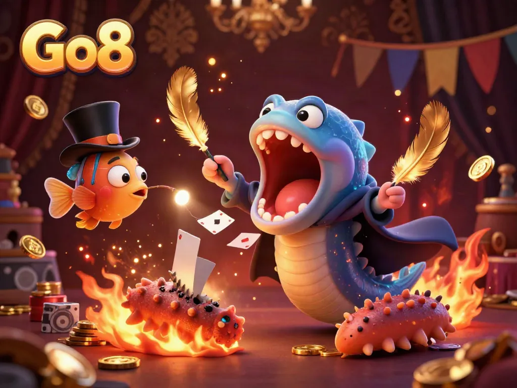 Experience the magic of Go8 with a bioluminescent eel performing tricks in a dynamic casino setting.