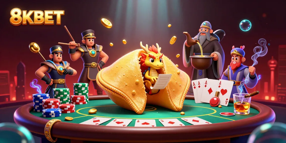 Engage with 8KBET's vibrant casino scene featuring a mystical dragon and golden fortune cookie.
