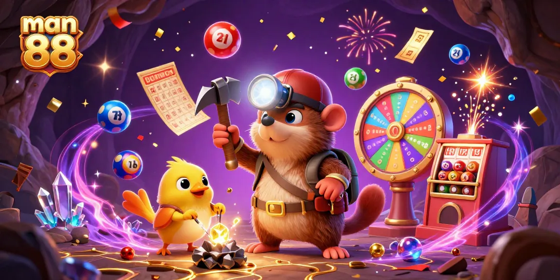 Experience the thrill of man 88 with spinning lottery balls and sparkling treasures in an exhilarating casino scene!