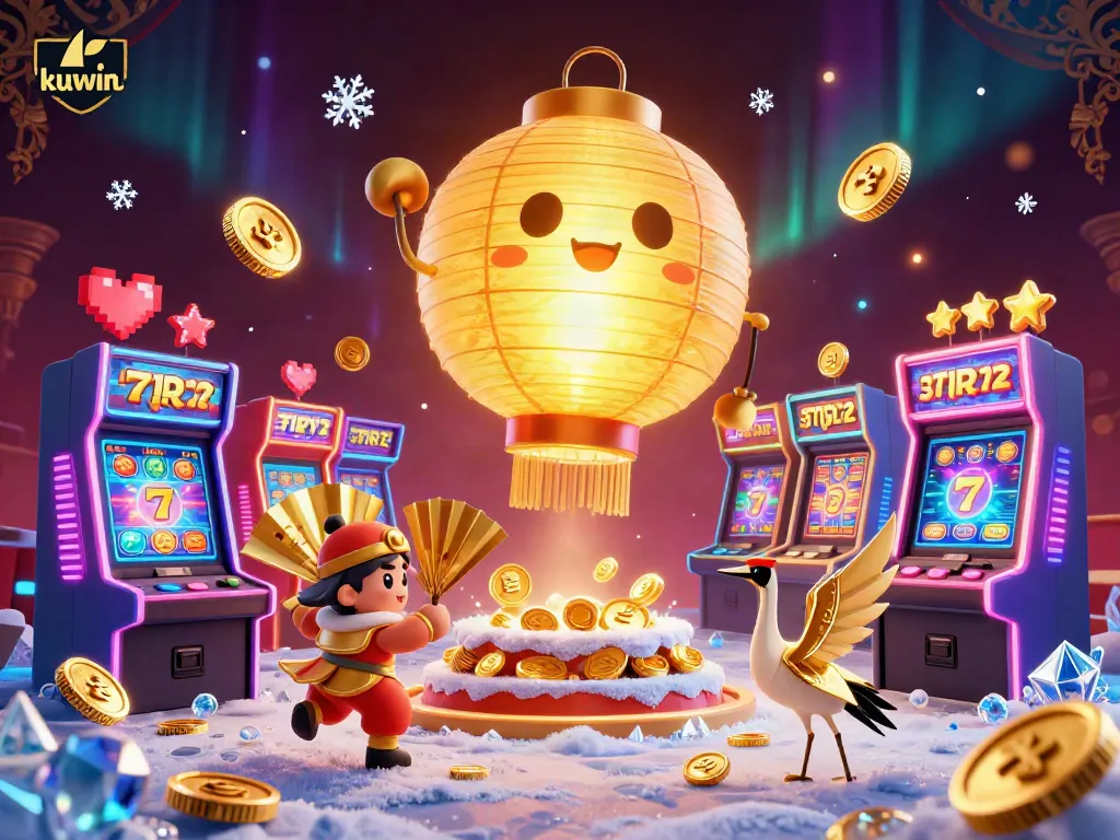 Experience thrilling casino action with kuwin's vibrant scenes, showcasing a golden lantern spirit amidst exciting slot machines.
