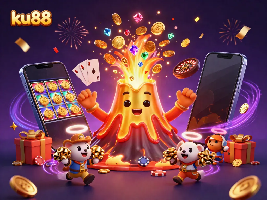 Experience excitement with ku88's magical volcano and treasure in a vibrant casino setting.