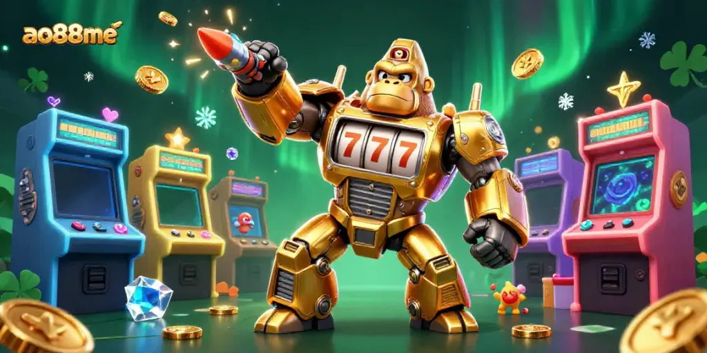Experience the ao88me gaming action with an explosive golden gorilla mech and vibrant arcade elements.
