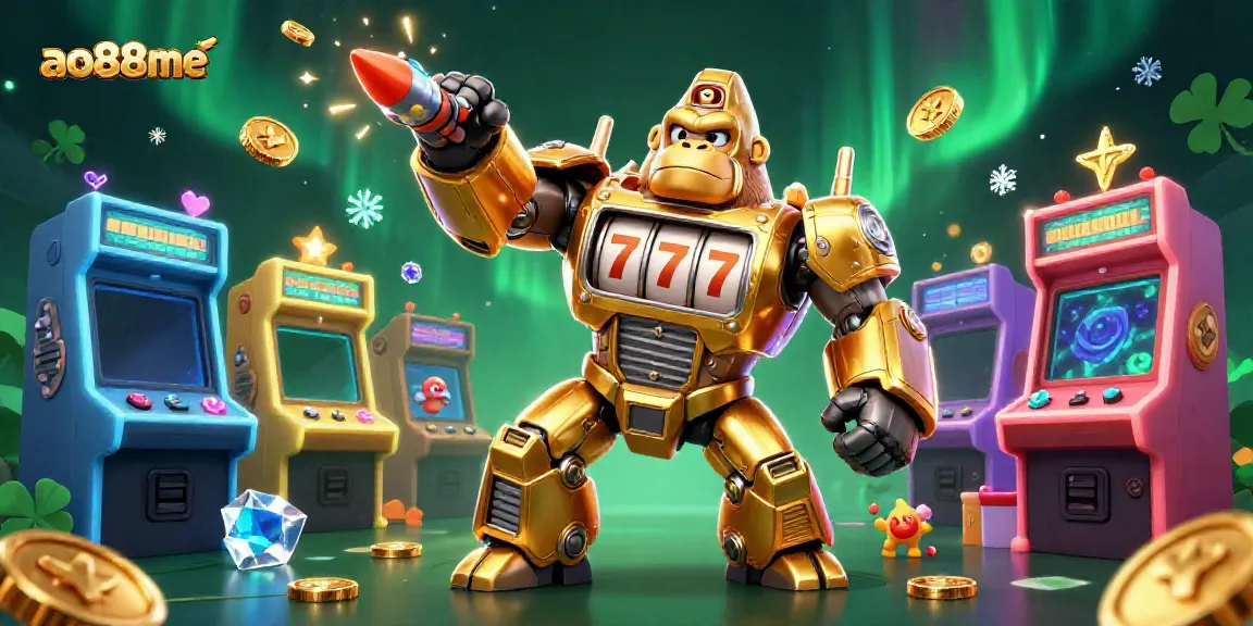 Experience the ao88me gaming action with an explosive golden gorilla mech and vibrant arcade elements.