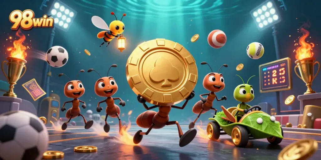 Engage in thrilling gameplay at 98win with a dynamic scene of cartoon ants stealing a giant poker chip.