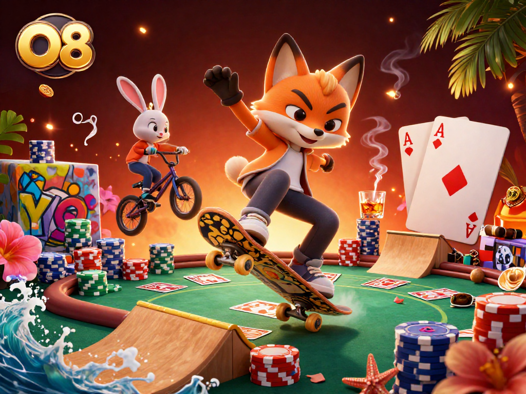 Experience thrilling gameplay at O8 with vibrant characters and casino elements in a dynamic scene.