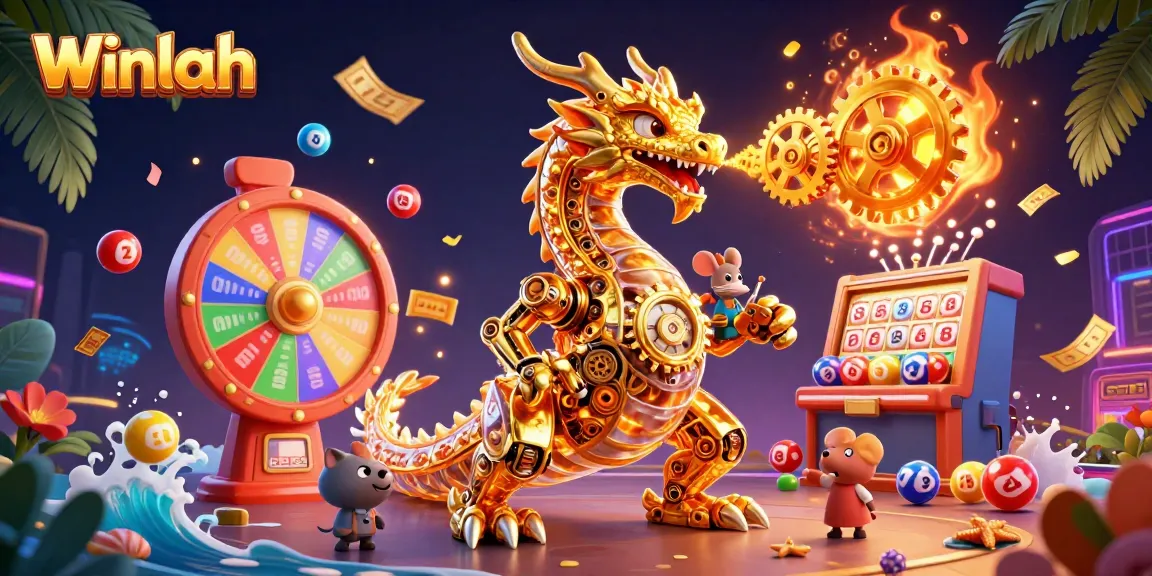 Engage in thrilling gameplay with Winlah’s colorful lottery and prize elements in a vibrant casino scene.