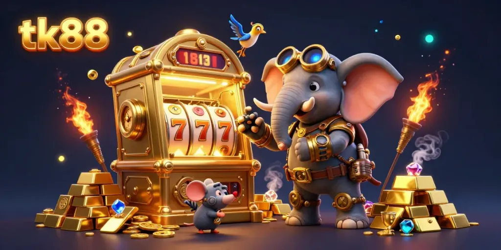 Play thrilling slot games with tk88's golden jackpot and steampunk characters.