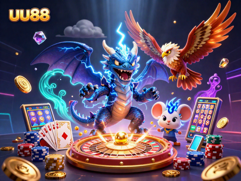 Experience exciting thrill at uu88 with a powerful dragon among sparkling casino gems.