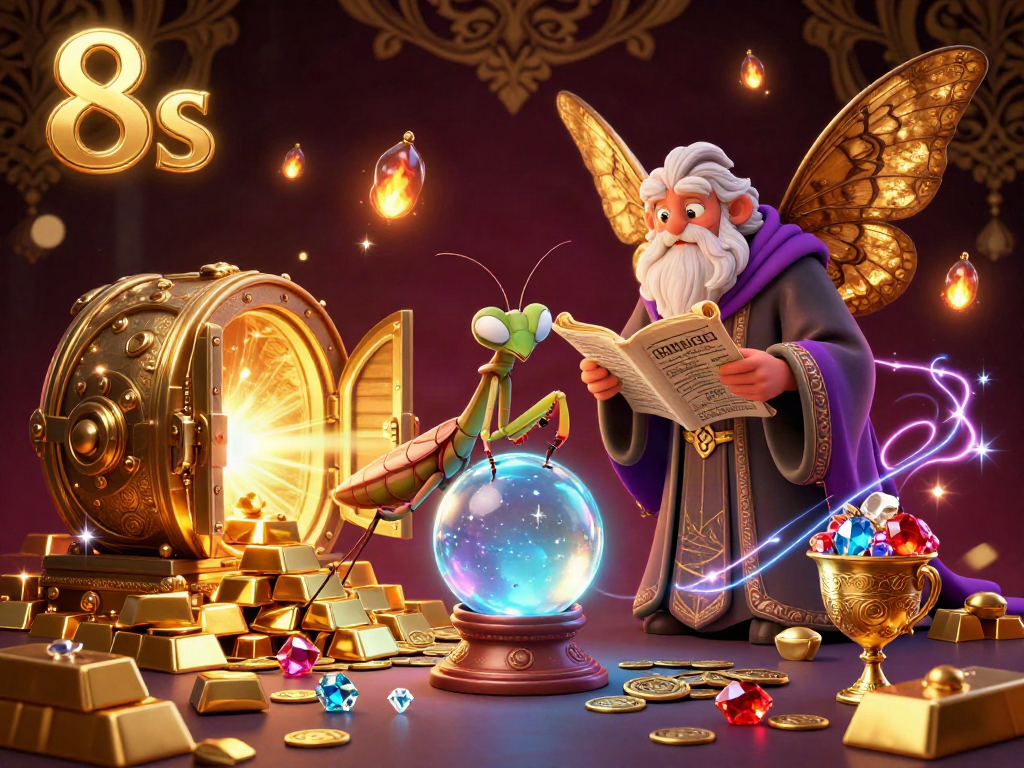 Experience the vibrant world of 8s with a dynamic scene featuring magical casino elements and fortune-telling characters.