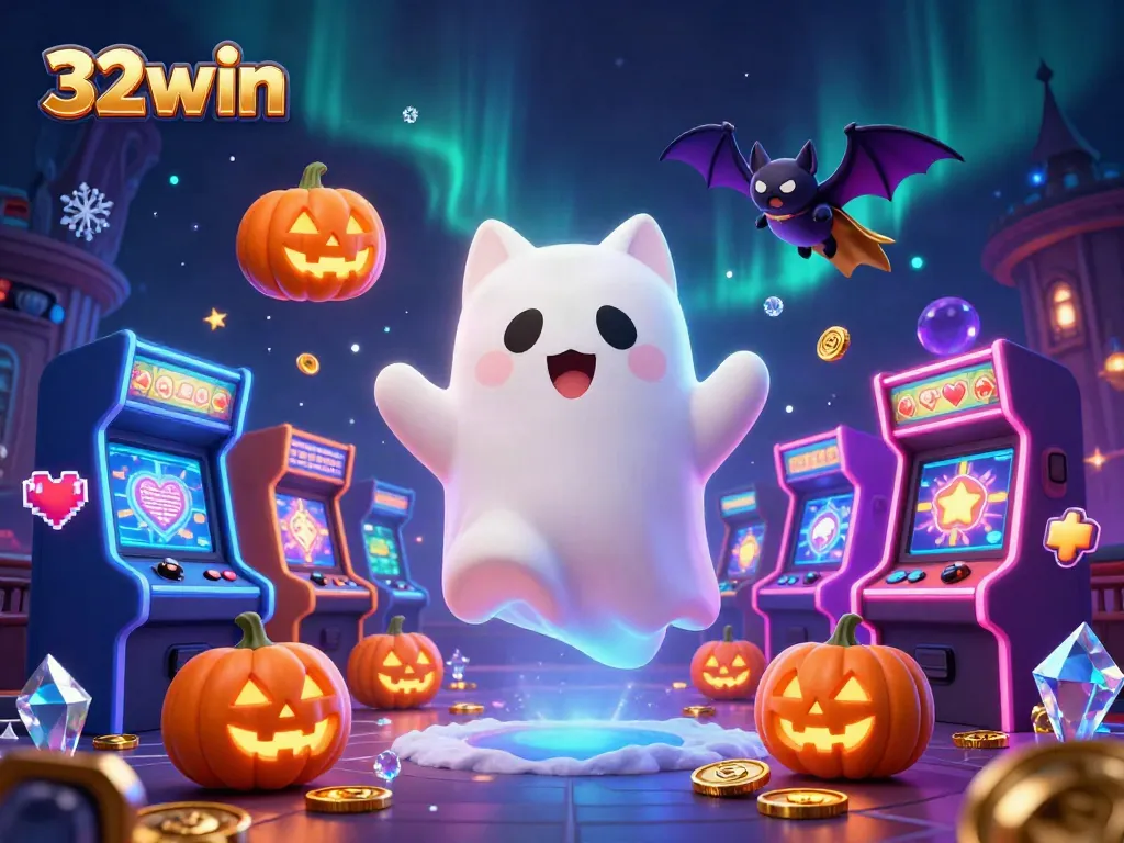 Experience the excitement of 32win with vibrant characters and dynamic gaming elements in a haunted casino.
