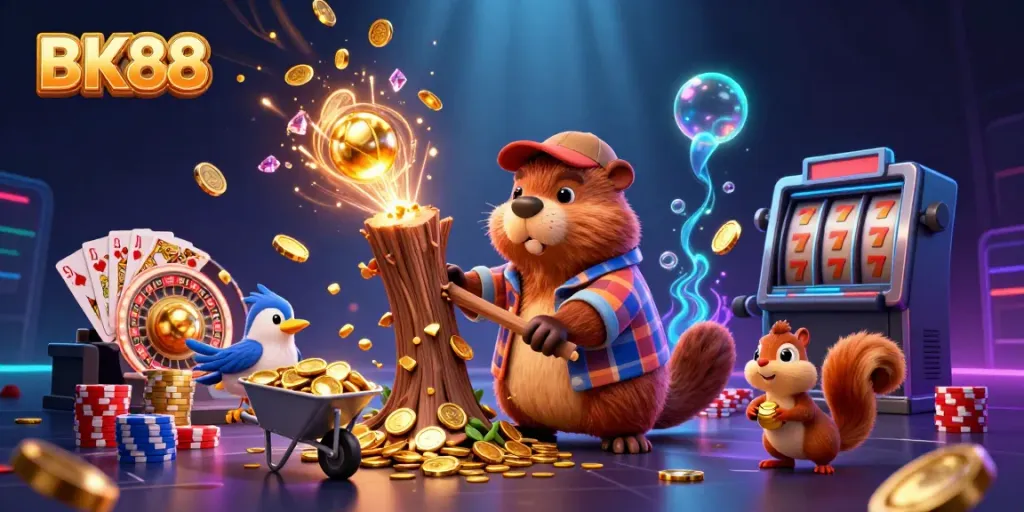 Experience the excitement of BK88 through a lively casino scene with vibrant characters and dynamic elements.