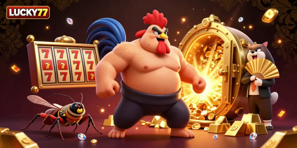 Feel the excitement at LUCKY77 casino with vibrant characters and dynamic slot elements in this lively 3D illustration.