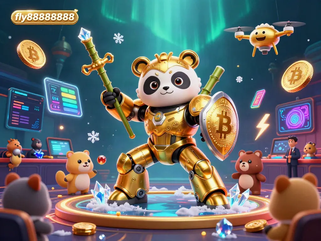 Experience live gaming action at fly88888888 with a colorful illustration of a mech-suit panda in a dynamic casino arena.