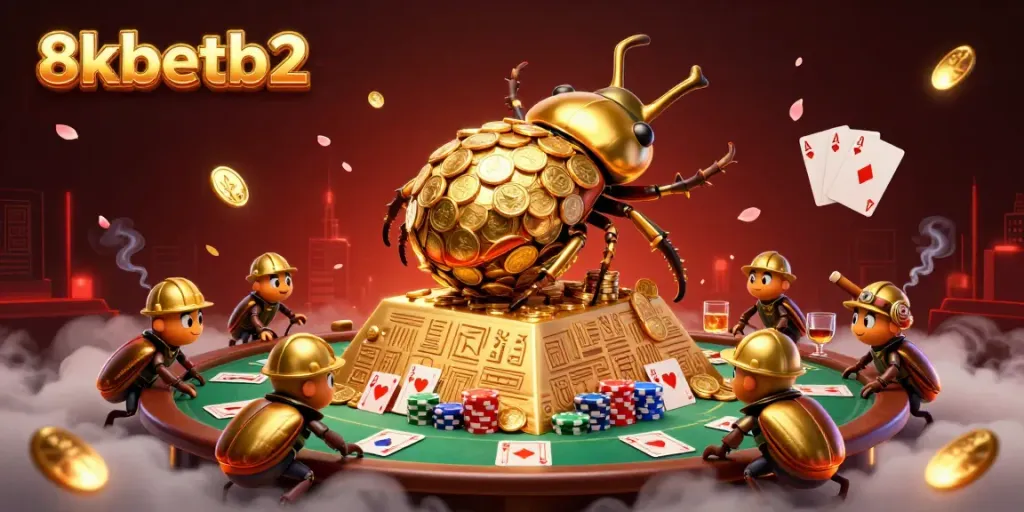 Engage in thrilling gameplay with 8xbetb2's vibrant casino scene depicting golden beetles rolling coins.