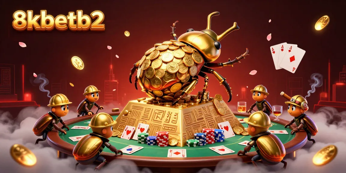 Engage in thrilling gameplay with 8xbetb2's vibrant casino scene depicting golden beetles rolling coins.