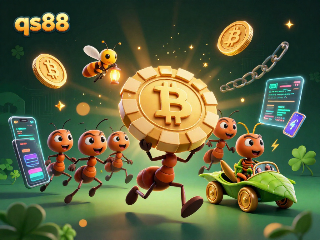 Engage with qs88's heart-pounding heist where ants carry a giant poker chip amidst a vibrant casino scene.