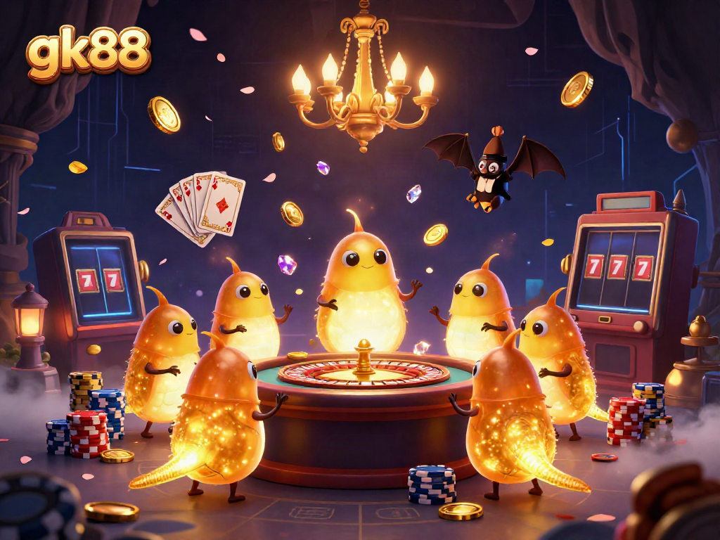 Experience gk88 excitement with glowworms illuminating a cave casino filled with treasures and games.