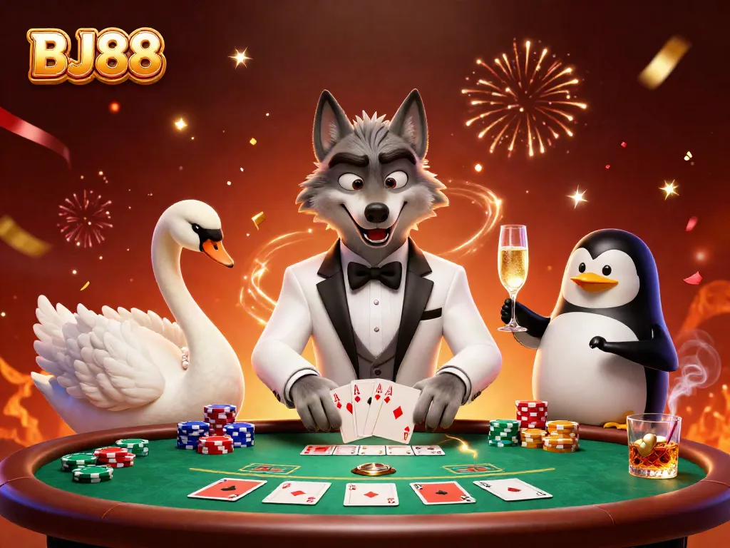 Experience thrilling baccarat with BJ88's cartoon characters in a vibrant casino scene.