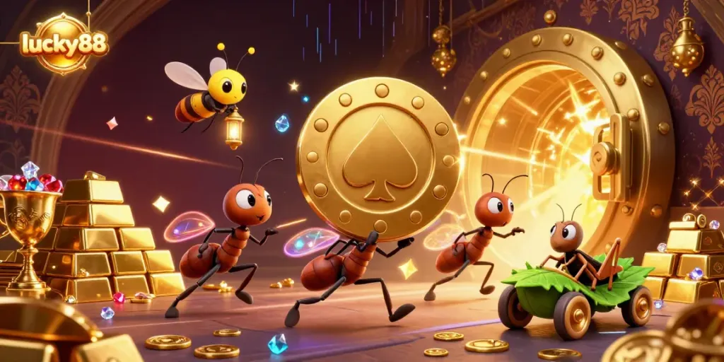 Experience the thrill of lucky88 with a team of cartoon ants on a heist for golden poker chips in a vibrant casino-themed illustration.