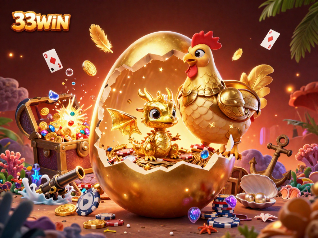 Engage in thrilling gambling with 33WIN, witnessing a majestic golden dragon amidst poker chips.