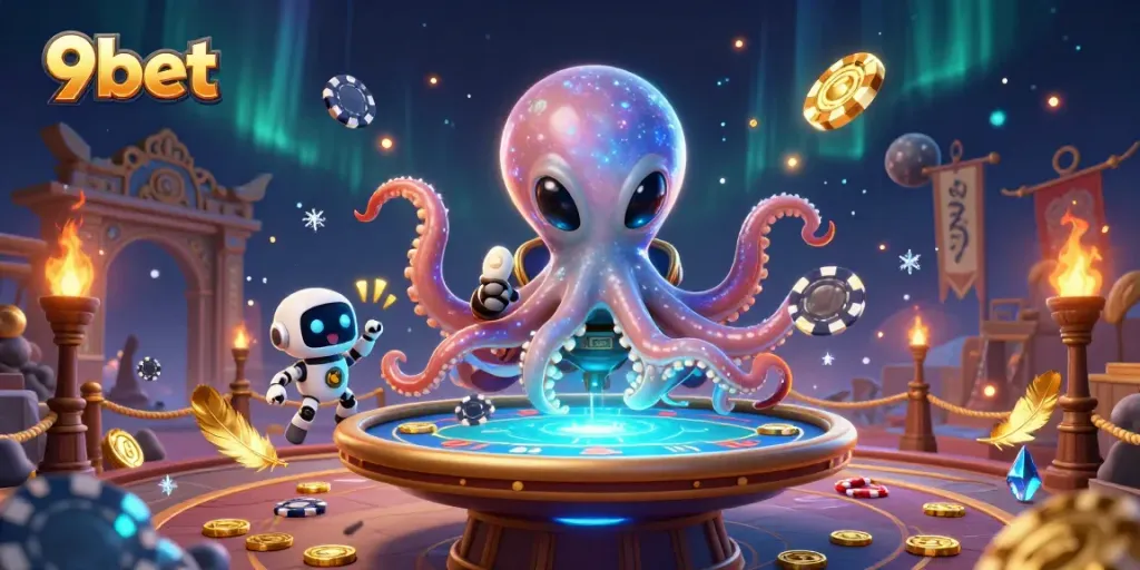 Engage in thrilling gameplay at 9bet with a vivid casino scene featuring an alien octopus and poker elements.