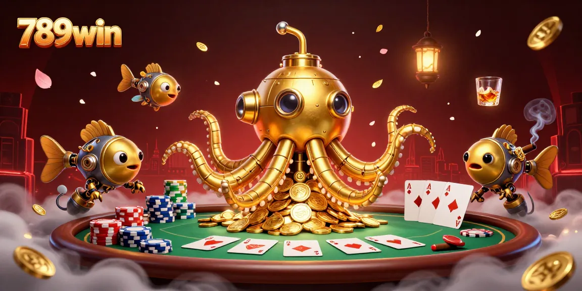 Experience thrilling gameplay at 789win with a vibrant 3D golden kraken submarine slinking through coins and poker elements.