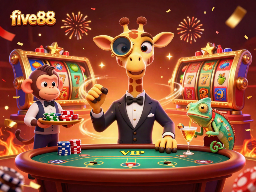 Experience excitement at five88 with a high-roller giraffe, monkey valet, and chameleon bartender in a festive casino atmosphere.