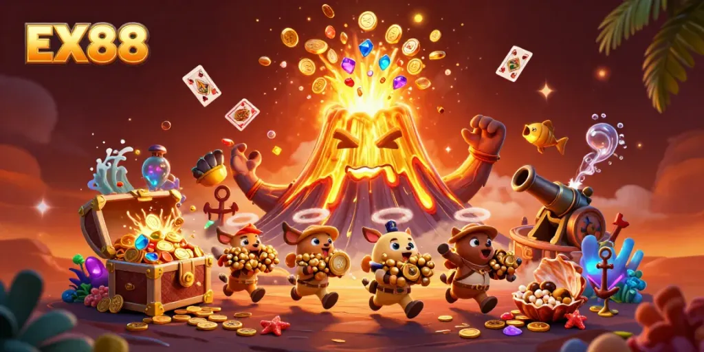 Experience the excitement of EX88 with a vibrant scene of treasure and joy in a captivating casino adventure.