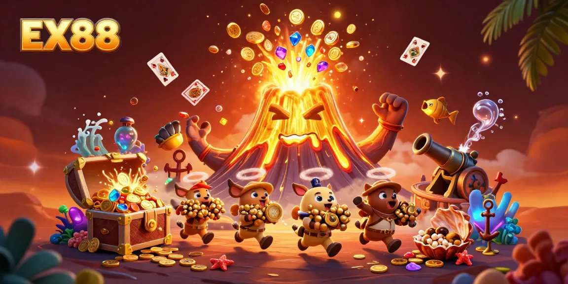 Experience the excitement of EX88 with a vibrant scene of treasure and joy in a captivating casino adventure.
