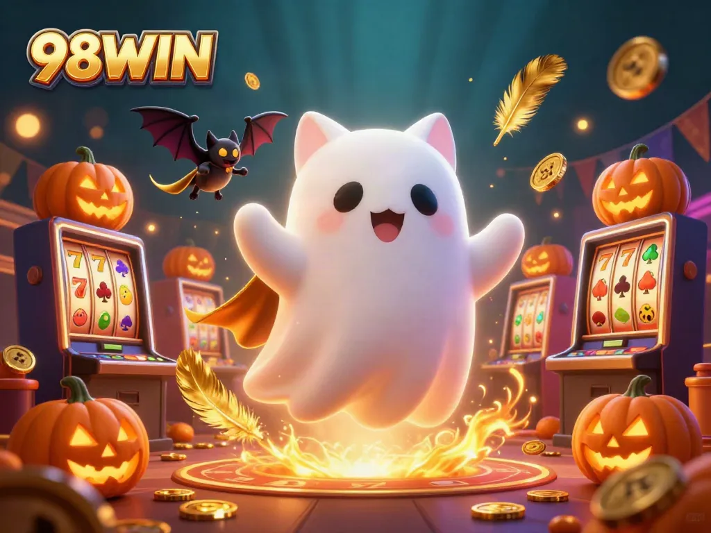 Engage with 98WIN's vibrant ghost cat in a casino filled with glowing symbols and joyous gaming